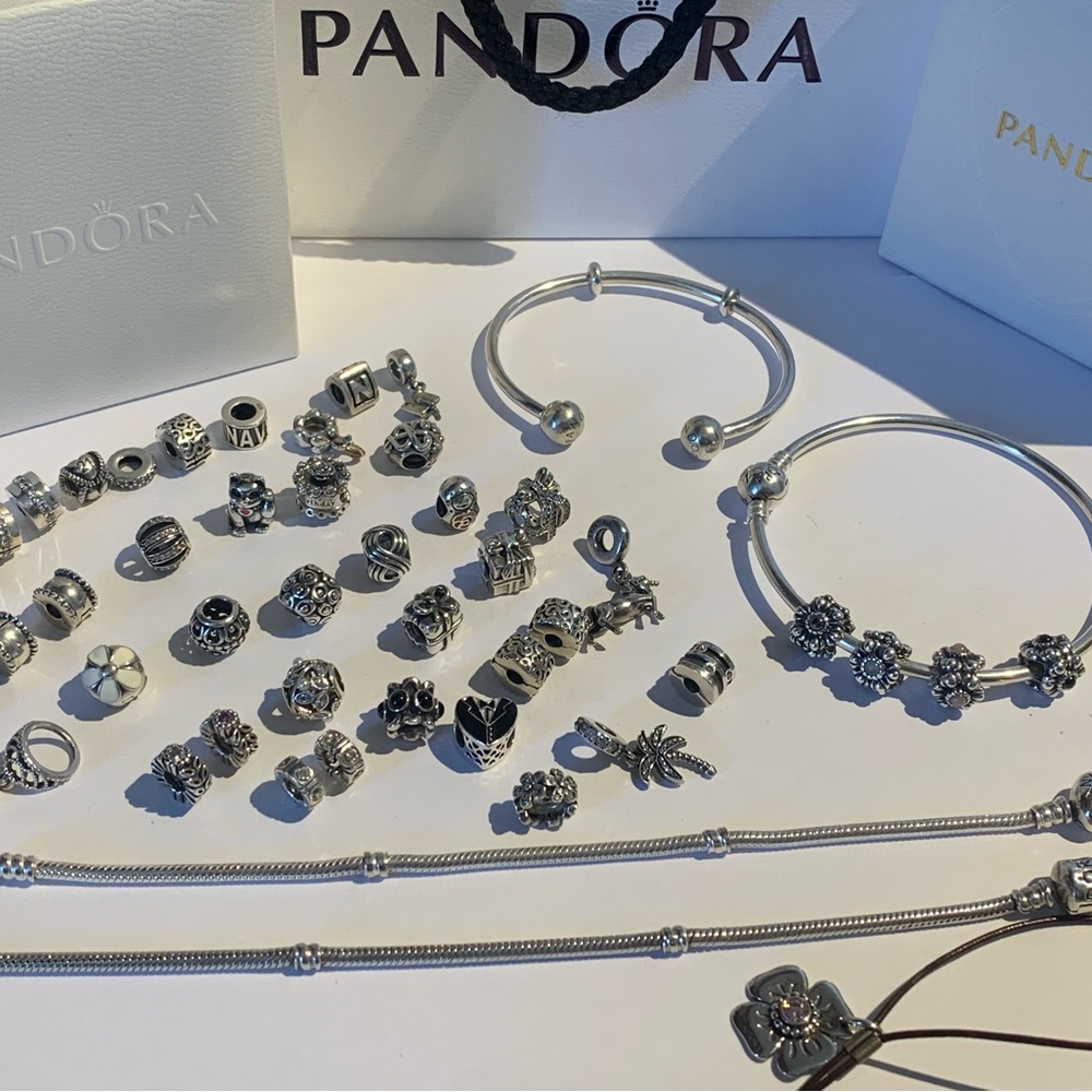 *•*Authentic Pandora ALE Charm Bracelet Lot Diamond 14K 43 Charms,  4 Bracelets…